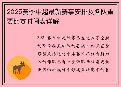 2025赛季中超最新赛事安排及各队重要比赛时间表详解