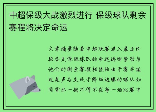 中超保级大战激烈进行 保级球队剩余赛程将决定命运